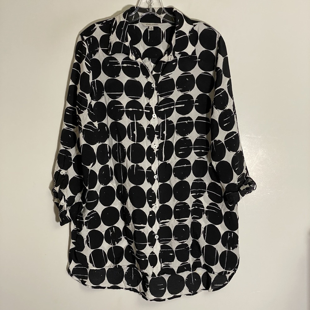 John Mark Top Womens Medium Black White Polka Dot Pockets Art To Wear Modest M